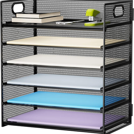 6 Tier Black Mesh Paper Organizer Letter Tray with Handle