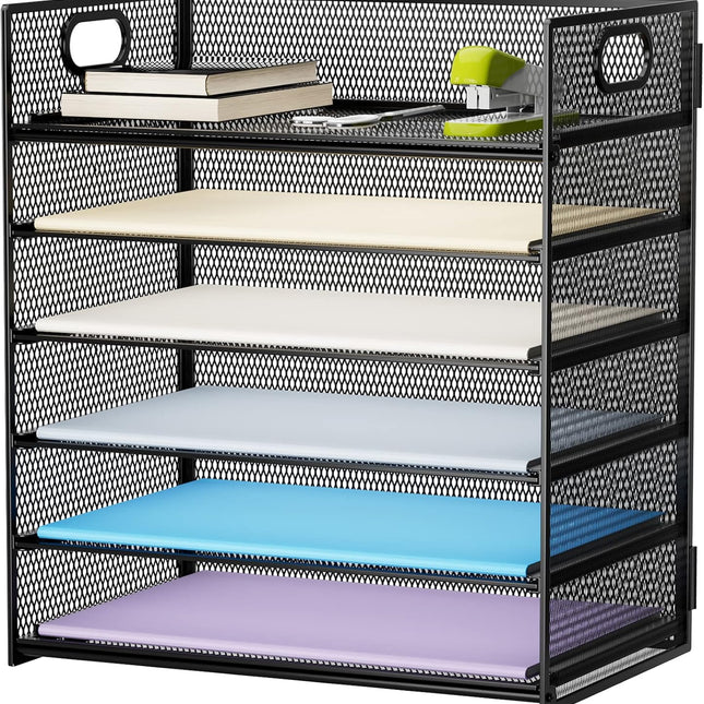 6 Tier Black Mesh Paper Organizer Letter Tray with Handle