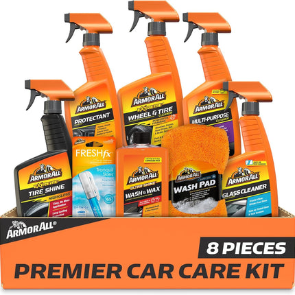 Premier 8-Piece Car Care Kit - Car Detailing Set with Wax, Wash, Glass and Tire Cleaners