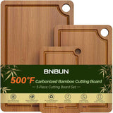 Bamboo Cutting Board for Kitchen – 3-Piece Wooden Boards with Juice Grooves, Side Handles, Non-Slip Mats
