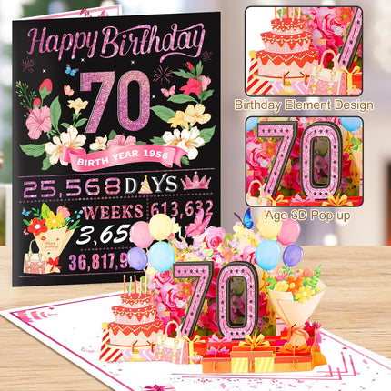 70th Birthday Card for Women, Jumbo Pop Up 70th Birthday Card, Back In 1956 Happy 70 Year Old Birthday Decorations, Funny Birthday Gift