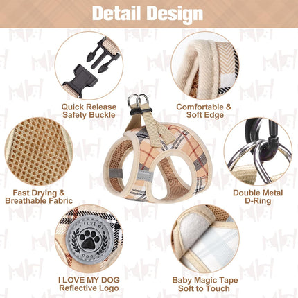 Beige Plaid Step-In Soft Mesh Dog Harness and Leash Set for Small Pets
