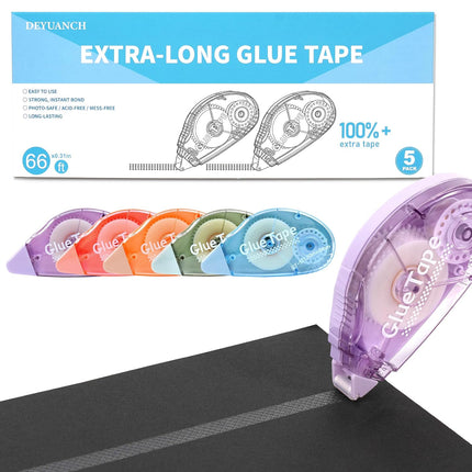 65.62 ft Extra-Long Double Sided Glue Tape, 0.31 in Wide, 5-Pack, Photo-Safe Acid-Free Scrapbook Tape, Multicolor