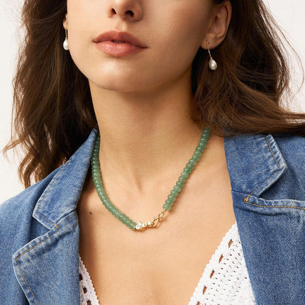 Green Aventurine Gemstone Beaded Choker Necklace with 14K Gold Bow