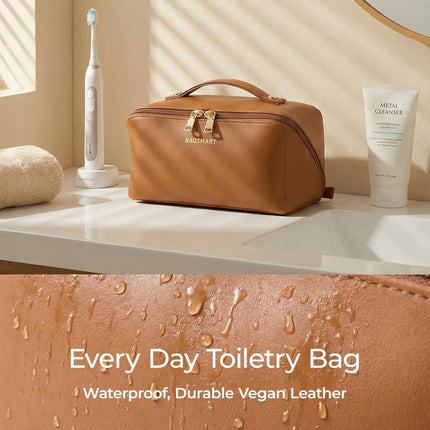 Large Wide-Open PU Leather Travel Makeup Bag in Classic Brown