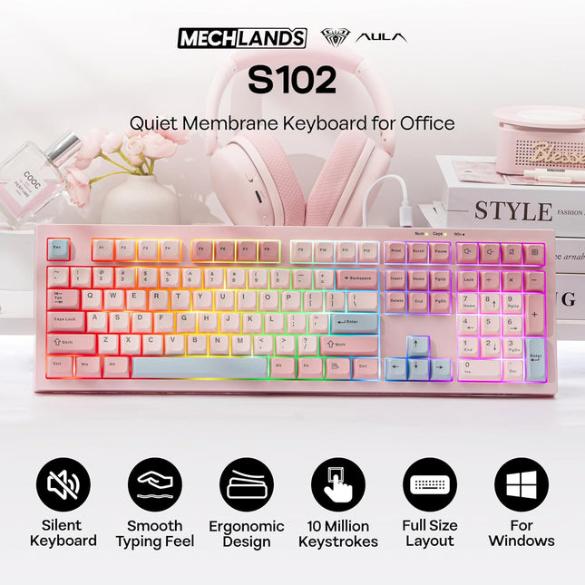 Pink Full Size USB-C Wired Membrane Gaming Keyboard