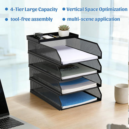 4-Tier Black Metal Mesh Paper Organizer for Desk