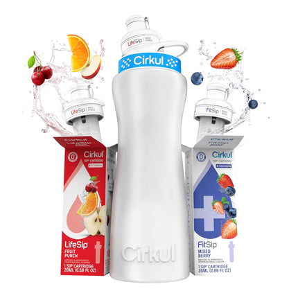 22 oz White Stainless Steel Water Bottle Starter Kit with Blue Lid and 2 Flavor Cartridges