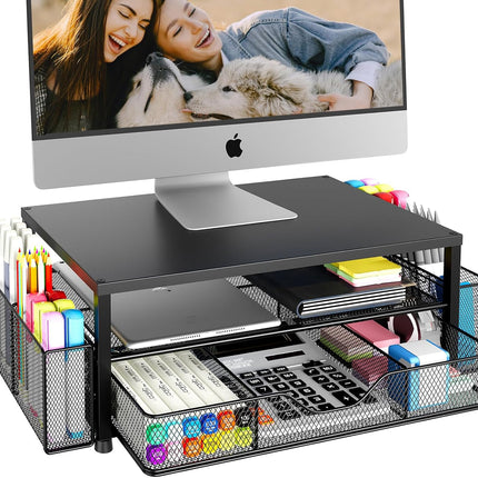 Black 2-Tier Monitor Stand Riser with Drawer and Pen Holders