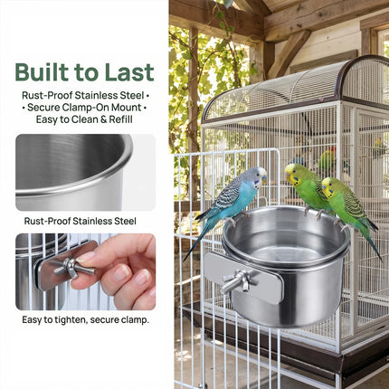 4-Piece Stainless Steel Bird Food & Water Bowls with Clamp Holders