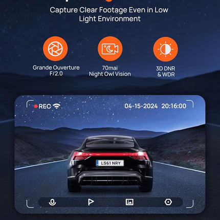 1296P QHD Dash Cam with Built-in WiFi, 130° Wide-Angle FOV, WDR, Night Vision, Loop Recording, Parking Monitor, Time-Lapse