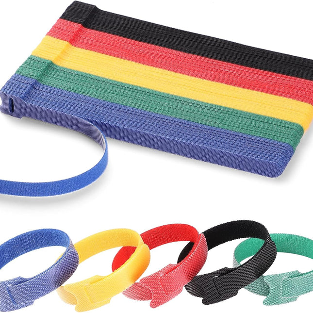 SourcetoHome 100 PCS 8 Inches Reusable Cable Ties | Adjustable Cord Wraps, Cable Straps | Hook & Loop Cord Organizer, Cable Management | 5 Colors - General - front view