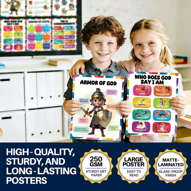 16-Piece Kids Bible Poster Set, 11 x 14 in Laminated Classroom Wall Art