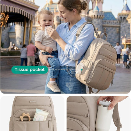 Camel Puffy Multi-Pocket Diaper Bag Backpack with Changing Pad