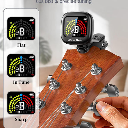 Rechargeable 360° Clip-On Chromatic Tuner for Guitar, Bass, Ukulele, Violin & Cello