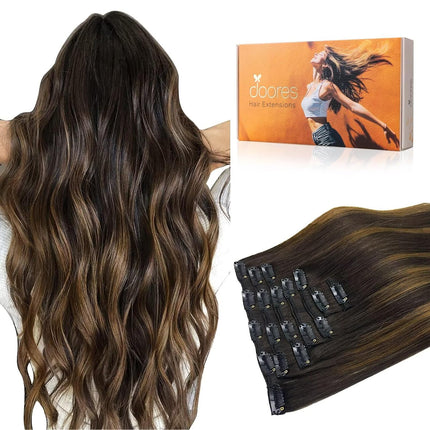 Balayage Dark Brown to Chestnut Brown Clip-In Human Hair Extensions, 18 Inch