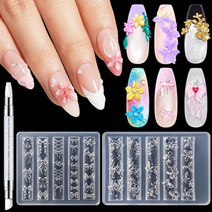 3D Silicone Nail Art Molds with Flower, Lace Bow Designs & Carving Pen