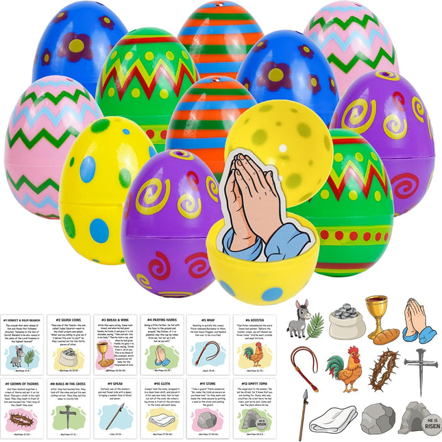 12-Piece Resurrection Easter Story Eggs Set with Wooden Symbols and Story Cards