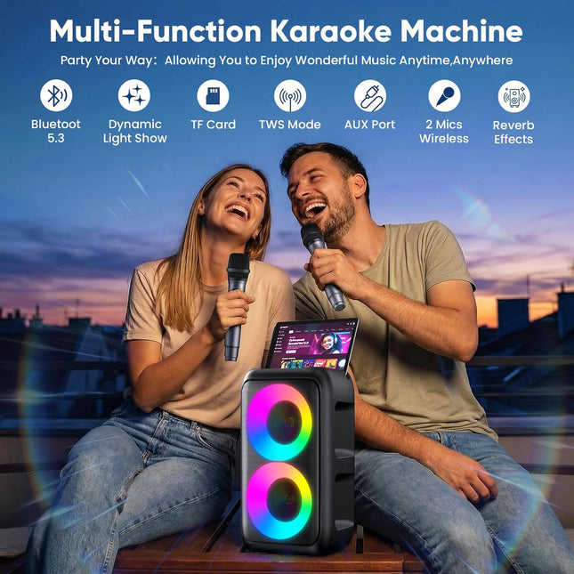 Portable Bluetooth Karaoke Machine with 2 Wireless Microphones