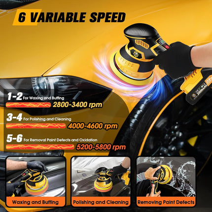 Cordless Car Buffer Polisher Kit, 21V with 2 Batteries, 18 Attachments, Yellow