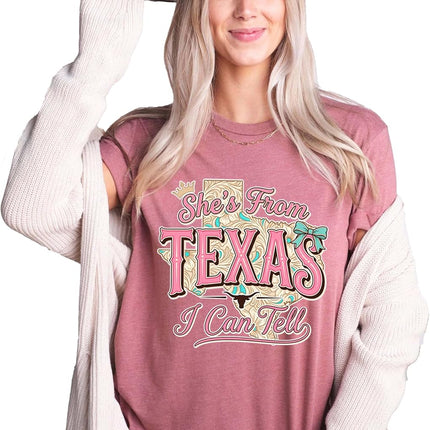 SourceToHome FuenteACasa She's from Texas I Can Tell Graphic Tee, Western Cowgirl Style T-Shirt — Home & Lifestyle