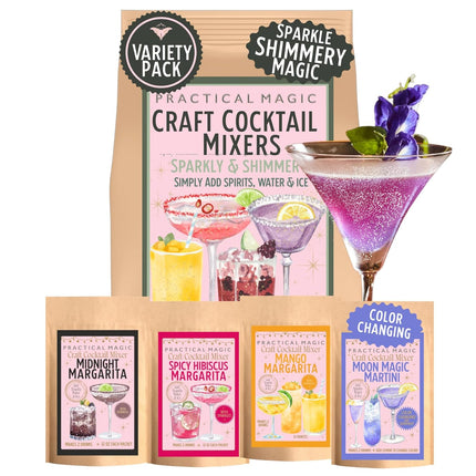 Practical Magic Sparkly Cocktail Mixers Variety Pack w/ Edible Glitter for Drinks, Makes 16 Craft Mix Midnight Margarita & Moon Magic Martinis, Shimmer Pearlescent Luster Dust, Non-Alcoholic Mocktails