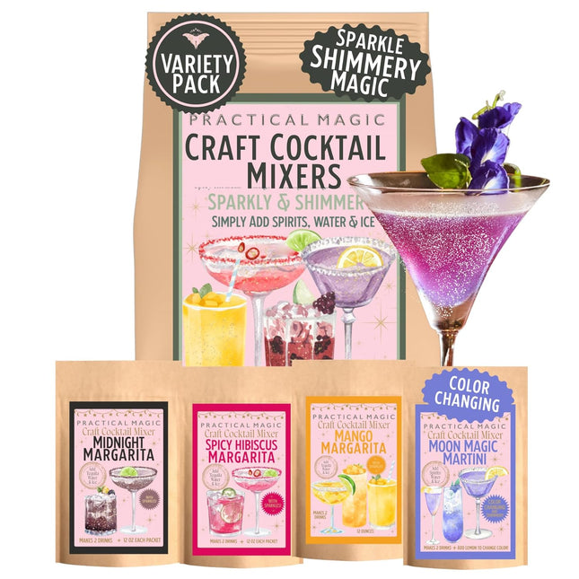 Practical Magic Sparkly Cocktail Mixers Variety Pack w/ Edible Glitter for Drinks, Makes 16 Craft Mix Midnight Margarita & Moon Magic Martinis, Shimmer Pearlescent Luster Dust, Non-Alcoholic Mocktails
