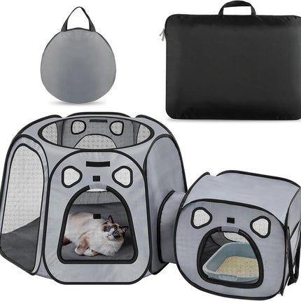 PawHaven RefugioPata Cat Playpen with Separate Litter Box Area, Large Foldable Waterproof Cat Tent — Pet Supplies