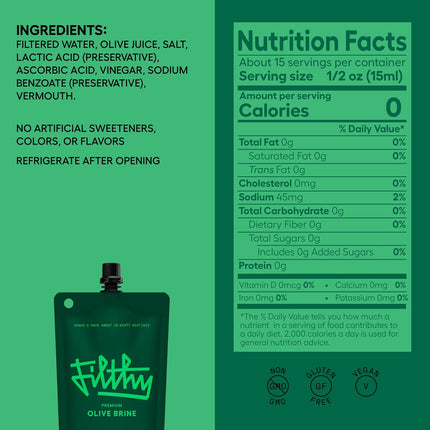 Premium Olive Brine Cocktail Mixer for Dirty Martinis, 8 oz Pouch, 2 Pack