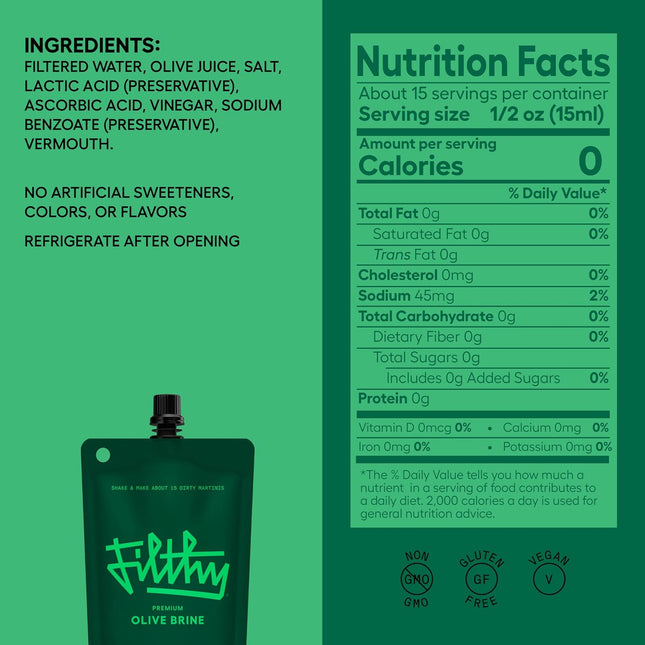 Premium Olive Brine Cocktail Mixer for Dirty Martinis, 8 oz Pouch, 2 Pack