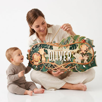 LittleNest NidoPequeño Safari Nursery Name Sign - Personalized Wooden Baby Name Sign with Jungle — Baby & Toddler