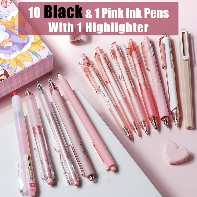 Rose Series Gel Pens Set of 12 with Black and Pink Ink