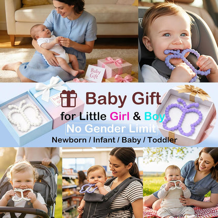 2 Pcs Silicone Butterfly Baby Teething Rings, White and Purple