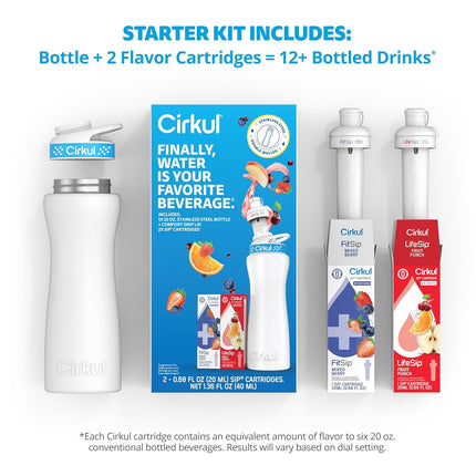 22 oz White Stainless Steel Water Bottle Starter Kit with Blue Lid and 2 Flavor Cartridges