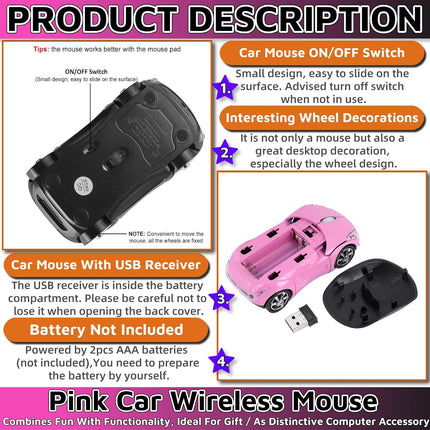 Pink 2.4G Wireless Car Mouse with USB Receiver