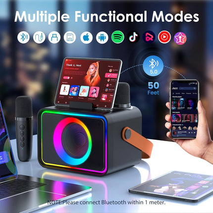 Portable Bluetooth Karaoke Speaker with 2 Wireless Microphones and LED Lights