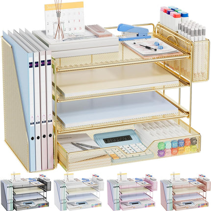 Gold 4-Tier Desk Organizer with Drawer and Pen Holder