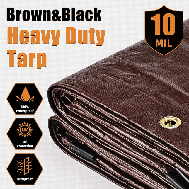 10x12FT Waterproof Heavy Duty Poly Tarp, Brown/Black