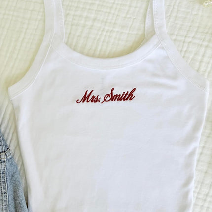 Embroidered Mrs. Spaghetti Strap Bridal Tank Top in White