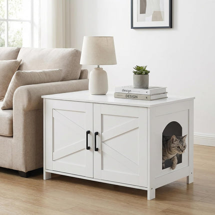 White Wooden Cat Litter Box Enclosure with Barn Door
