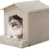 Beige Foldable Cat Cave Bed with Orthopedic Cushion