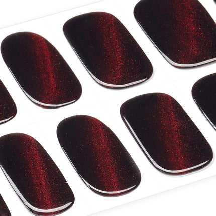 Semi-Cured Gel Nail Strips Dark Red Cat Eye Magnetic Wraps, 28 Stickers