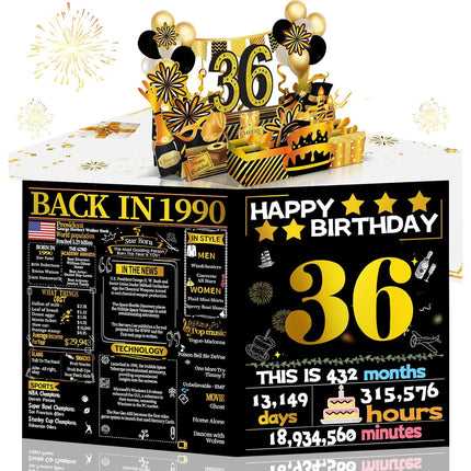 36th Birthday 3D Pop Up Card, Funny Gold Retro 1990 Theme