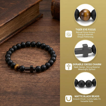 Men's Black Natural Stone Cross Bracelet