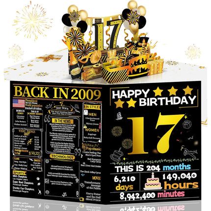 17th Birthday 3D Pop-Up Greeting Card, Back in 2009 Gold Retro Theme