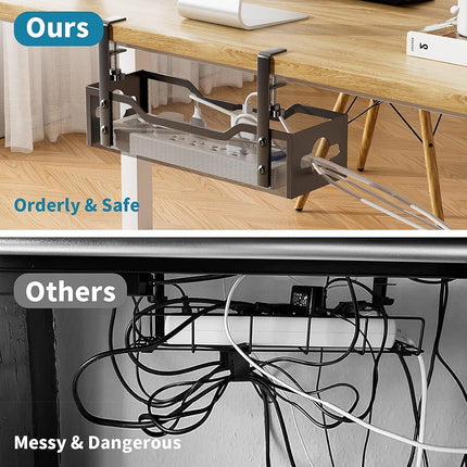 Metal mesh cable tray installed under standing desk