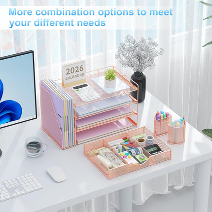 Rose Gold 4-Tier Desk Organizer with File Holder, Drawer and 2 Pen Holders
