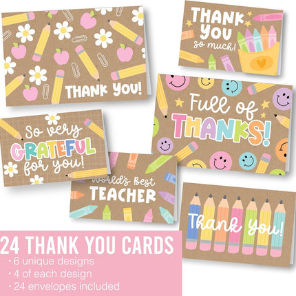 24 Teacher Thank You Cards with Envelopes - 6 x 4 Teacher Appreciation Cards Bulk