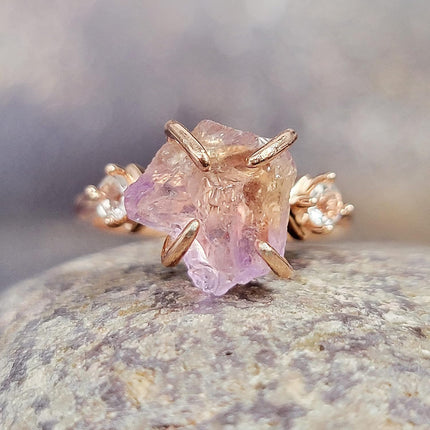 Raw Crystal Ring Birthstone Rose Gold and Quartz Solitaire Jewelry gift — Home & Lifestyle