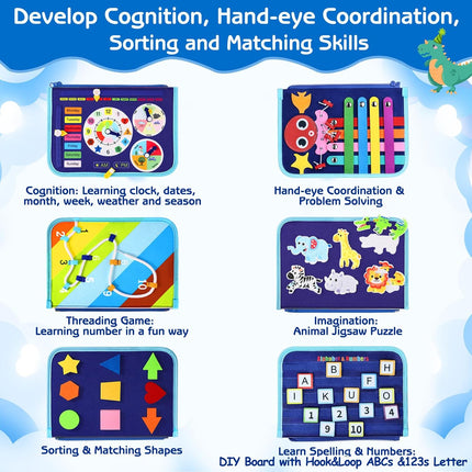 Blue Dinosaur Toddler Busy Board Sensory Book